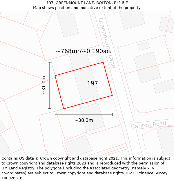 197, GREENMOUNT LANE, BOLTON, BL1 5JE: Plot and title map