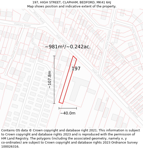 197, HIGH STREET, CLAPHAM, BEDFORD, MK41 6AJ: Plot and title map