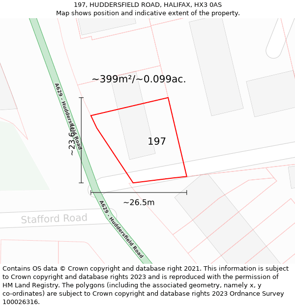 197, HUDDERSFIELD ROAD, HALIFAX, HX3 0AS: Plot and title map