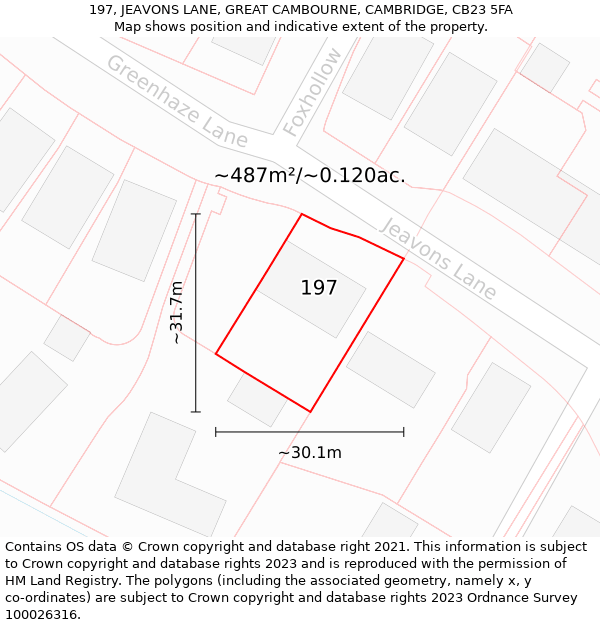 197, JEAVONS LANE, GREAT CAMBOURNE, CAMBRIDGE, CB23 5FA: Plot and title map