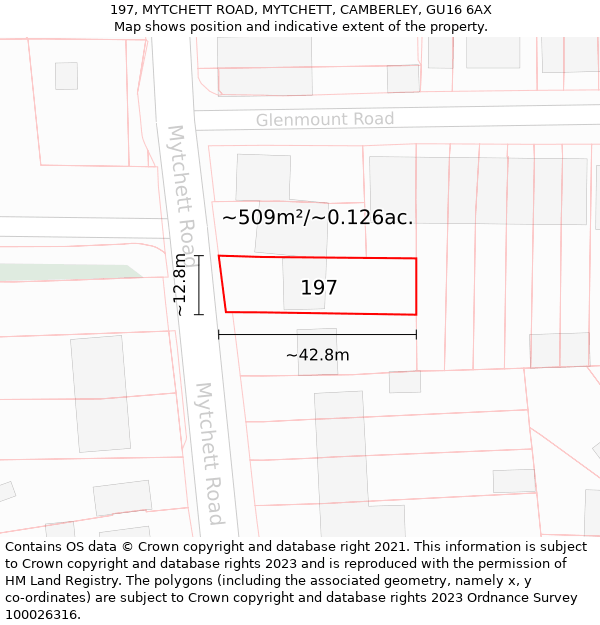 197, MYTCHETT ROAD, MYTCHETT, CAMBERLEY, GU16 6AX: Plot and title map