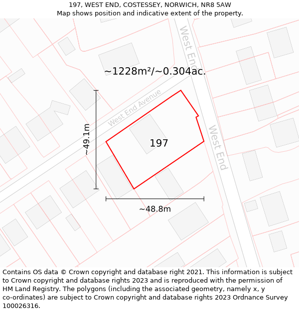 197, WEST END, COSTESSEY, NORWICH, NR8 5AW: Plot and title map