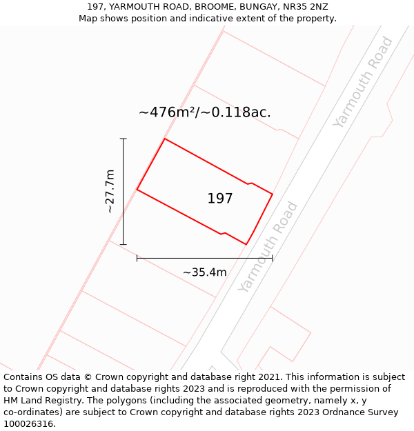 197, YARMOUTH ROAD, BROOME, BUNGAY, NR35 2NZ: Plot and title map
