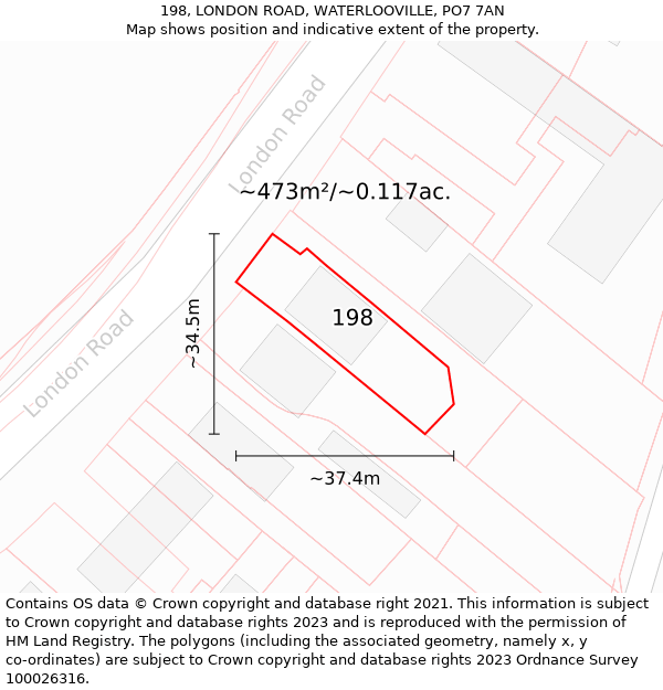 198, LONDON ROAD, WATERLOOVILLE, PO7 7AN: Plot and title map