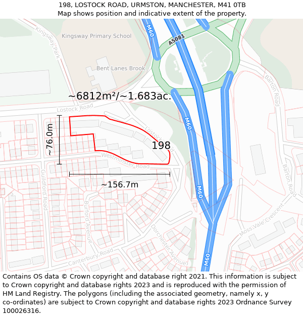 198, LOSTOCK ROAD, URMSTON, MANCHESTER, M41 0TB: Plot and title map