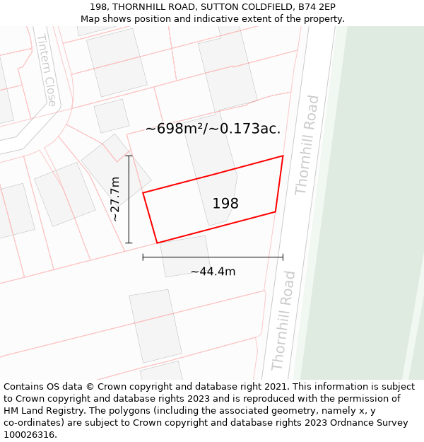 198, THORNHILL ROAD, SUTTON COLDFIELD, B74 2EP: Plot and title map