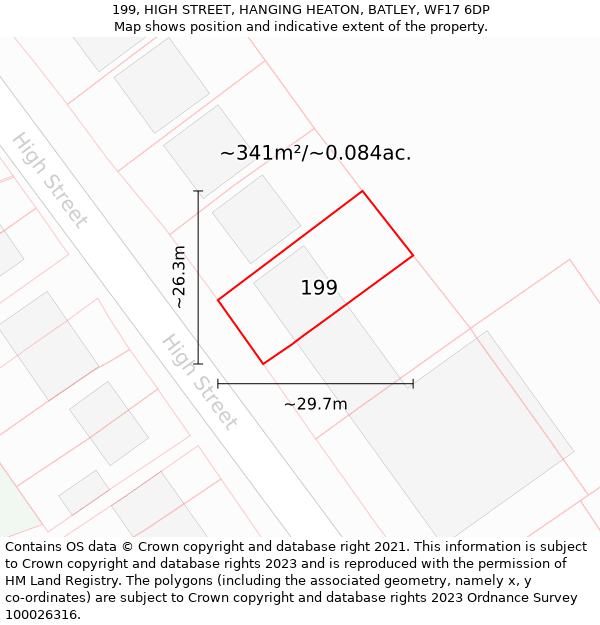 199, HIGH STREET, HANGING HEATON, BATLEY, WF17 6DP: Plot and title map