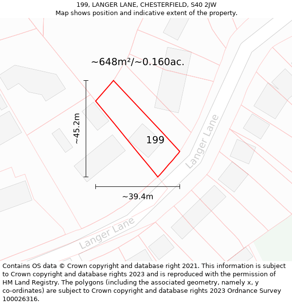 199, LANGER LANE, CHESTERFIELD, S40 2JW: Plot and title map