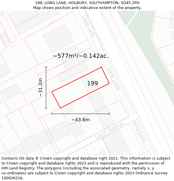 199, LONG LANE, HOLBURY, SOUTHAMPTON, SO45 2PD: Plot and title map