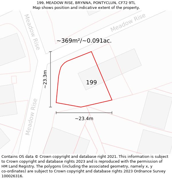 199, MEADOW RISE, BRYNNA, PONTYCLUN, CF72 9TL: Plot and title map