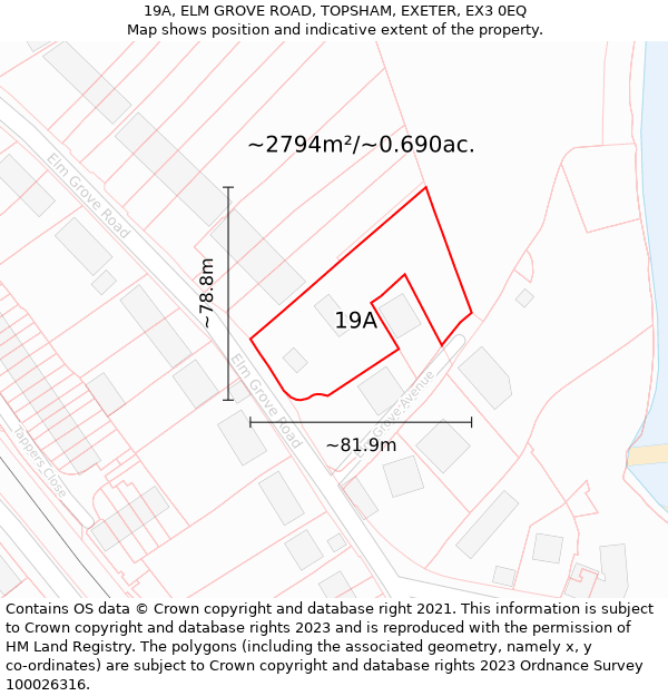 19A, ELM GROVE ROAD, TOPSHAM, EXETER, EX3 0EQ: Plot and title map