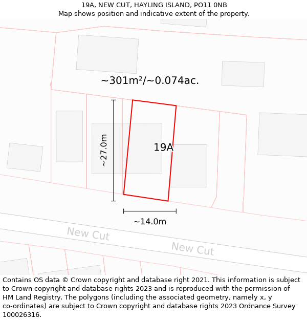 19A, NEW CUT, HAYLING ISLAND, PO11 0NB: Plot and title map