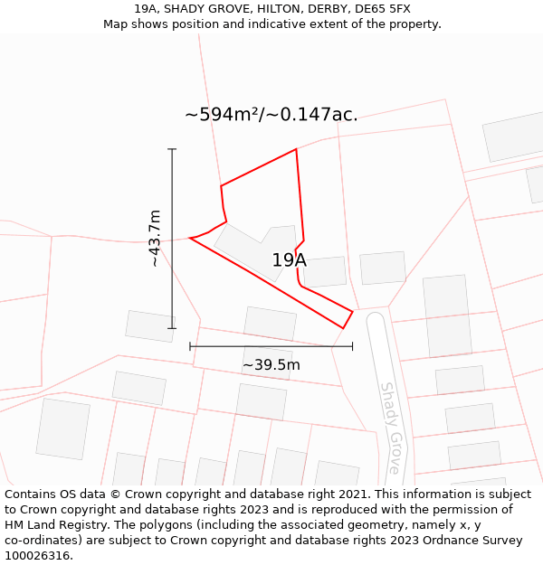 19A, SHADY GROVE, HILTON, DERBY, DE65 5FX: Plot and title map