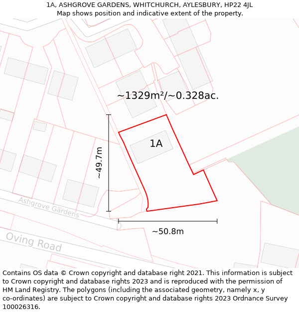 1A, ASHGROVE GARDENS, WHITCHURCH, AYLESBURY, HP22 4JL: Plot and title map