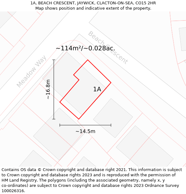 1A, BEACH CRESCENT, JAYWICK, CLACTON-ON-SEA, CO15 2HR: Plot and title map
