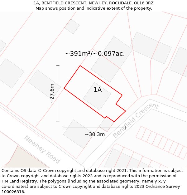 1A, BENTFIELD CRESCENT, NEWHEY, ROCHDALE, OL16 3RZ: Plot and title map