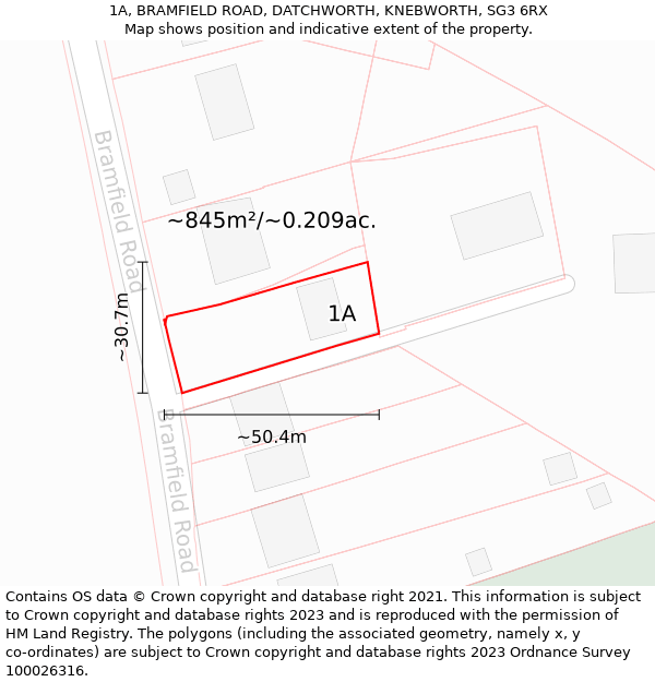 1A, BRAMFIELD ROAD, DATCHWORTH, KNEBWORTH, SG3 6RX: Plot and title map