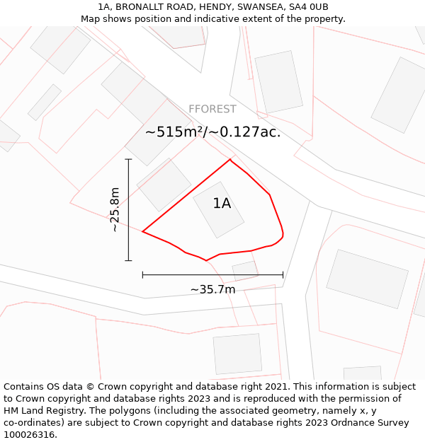 1A, BRONALLT ROAD, HENDY, SWANSEA, SA4 0UB: Plot and title map