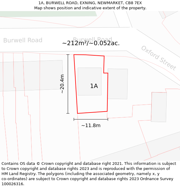 1A, BURWELL ROAD, EXNING, NEWMARKET, CB8 7EX: Plot and title map