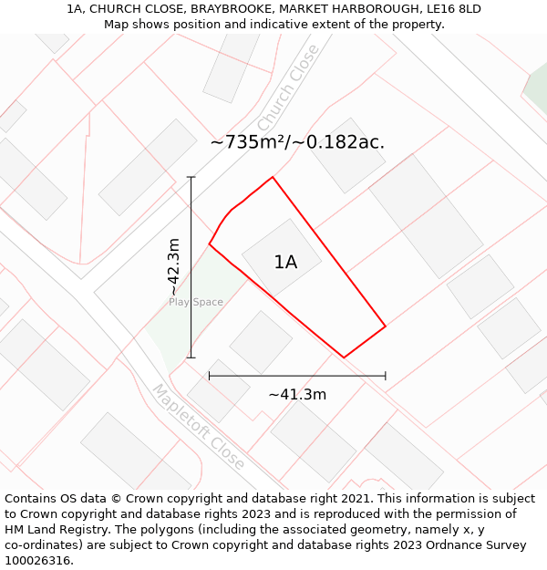 1A, CHURCH CLOSE, BRAYBROOKE, MARKET HARBOROUGH, LE16 8LD: Plot and title map