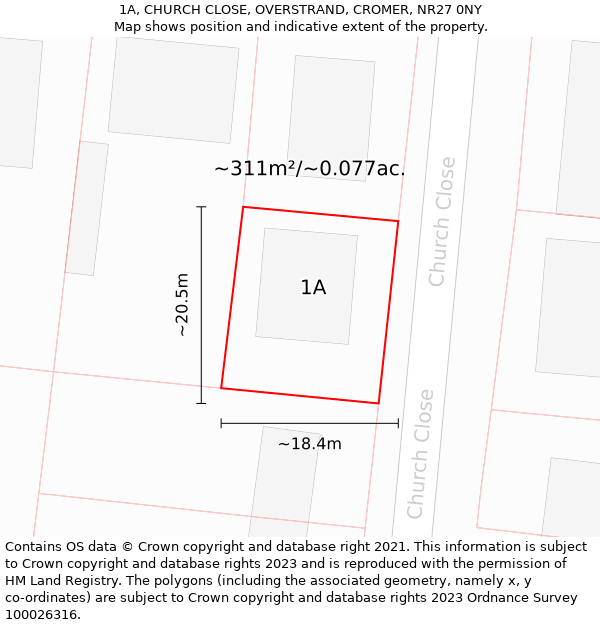 1A, CHURCH CLOSE, OVERSTRAND, CROMER, NR27 0NY: Plot and title map