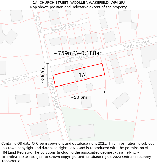 1A, CHURCH STREET, WOOLLEY, WAKEFIELD, WF4 2JU: Plot and title map