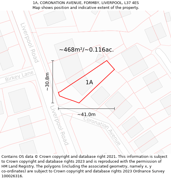 1A, CORONATION AVENUE, FORMBY, LIVERPOOL, L37 4ES: Plot and title map