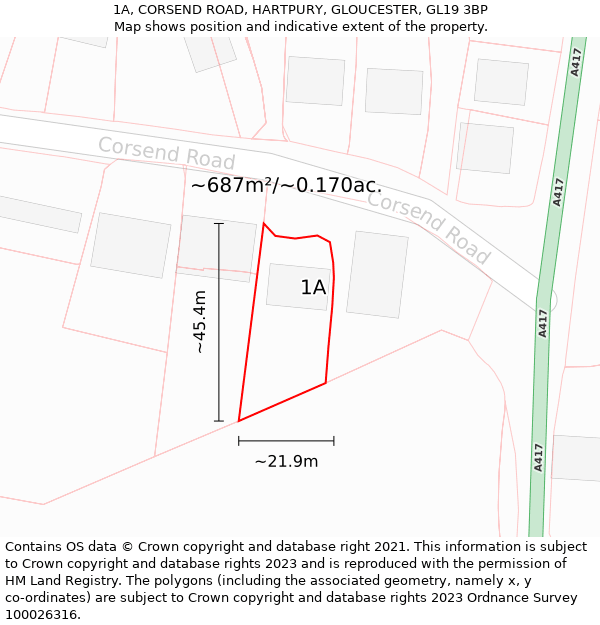 1A, CORSEND ROAD, HARTPURY, GLOUCESTER, GL19 3BP: Plot and title map