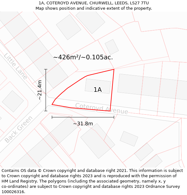 1A, COTEROYD AVENUE, CHURWELL, LEEDS, LS27 7TU: Plot and title map