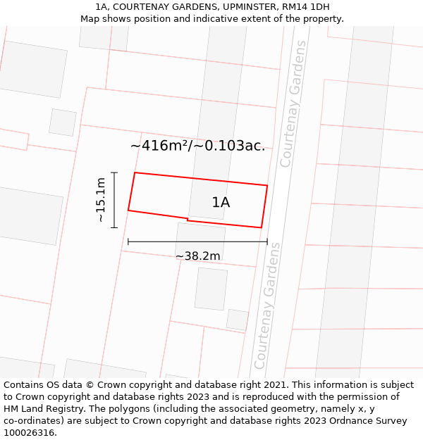 1A, COURTENAY GARDENS, UPMINSTER, RM14 1DH: Plot and title map