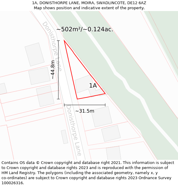 1A, DONISTHORPE LANE, MOIRA, SWADLINCOTE, DE12 6AZ: Plot and title map