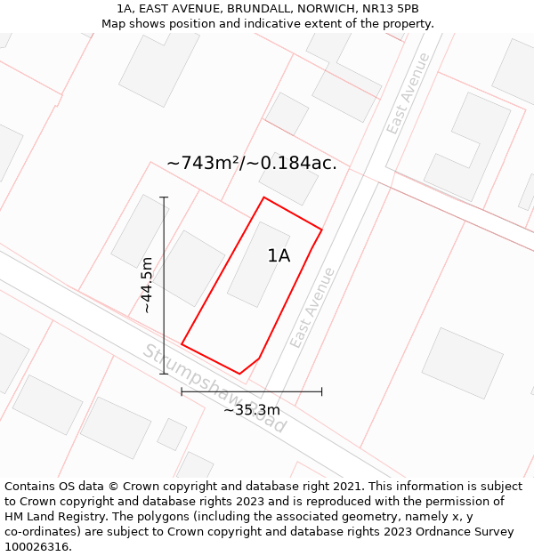 1A, EAST AVENUE, BRUNDALL, NORWICH, NR13 5PB: Plot and title map