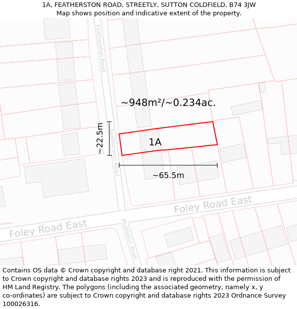 1A, FEATHERSTON ROAD, STREETLY, SUTTON COLDFIELD, B74 3JW: Plot and title map