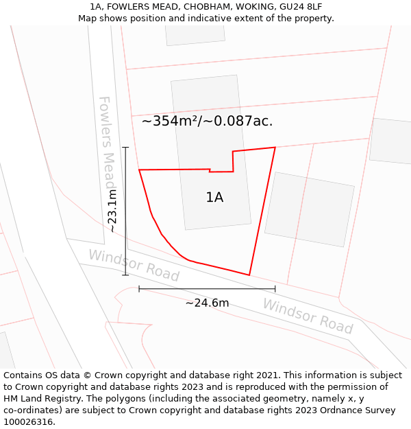 1A, FOWLERS MEAD, CHOBHAM, WOKING, GU24 8LF: Plot and title map