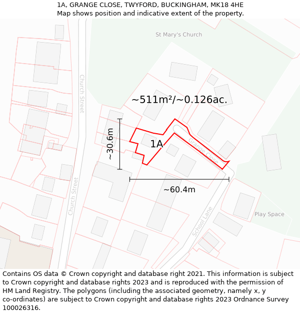 1A, GRANGE CLOSE, TWYFORD, BUCKINGHAM, MK18 4HE: Plot and title map