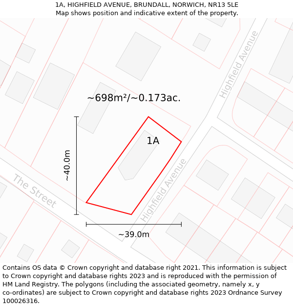 1A, HIGHFIELD AVENUE, BRUNDALL, NORWICH, NR13 5LE: Plot and title map