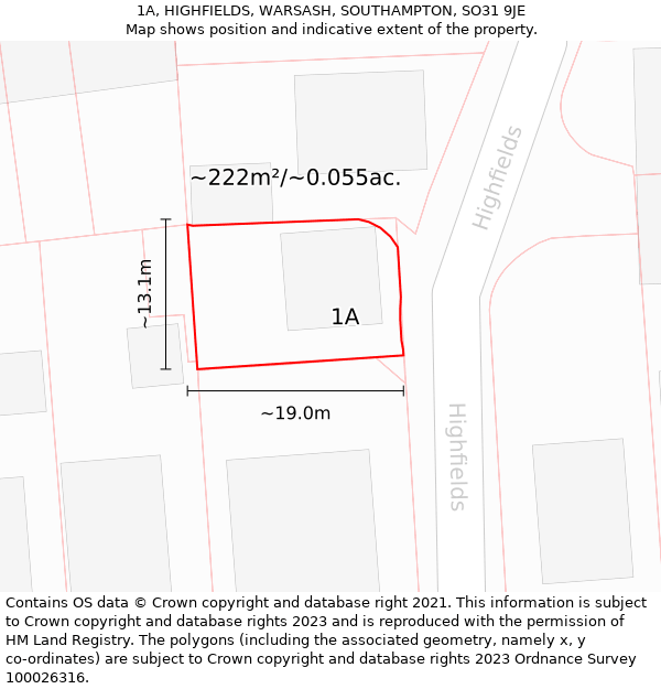 1A, HIGHFIELDS, WARSASH, SOUTHAMPTON, SO31 9JE: Plot and title map