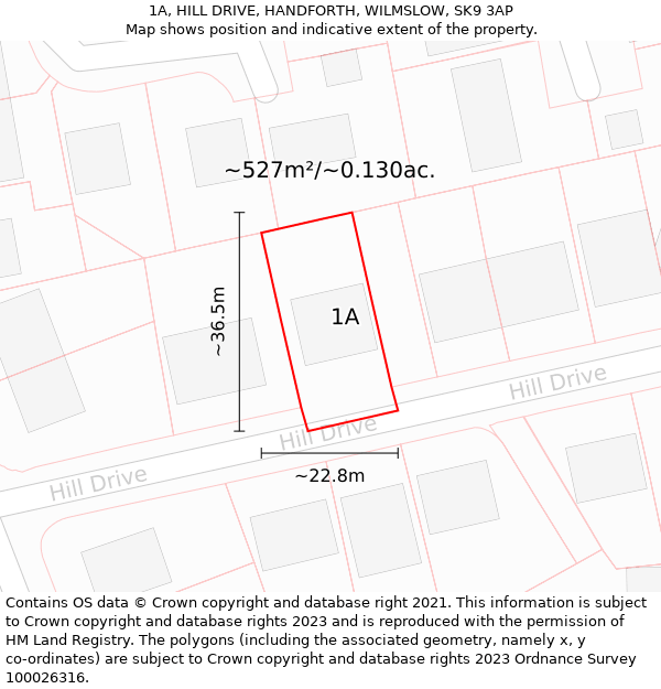 1A, HILL DRIVE, HANDFORTH, WILMSLOW, SK9 3AP: Plot and title map