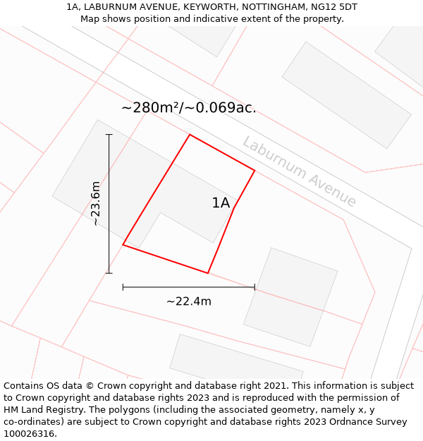 1A, LABURNUM AVENUE, KEYWORTH, NOTTINGHAM, NG12 5DT: Plot and title map