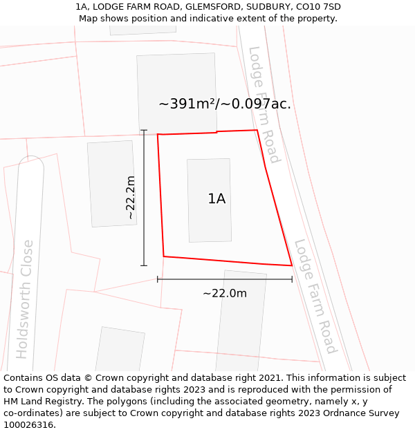 1A, LODGE FARM ROAD, GLEMSFORD, SUDBURY, CO10 7SD: Plot and title map