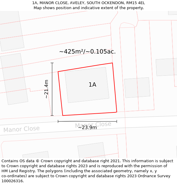 1A, MANOR CLOSE, AVELEY, SOUTH OCKENDON, RM15 4EL: Plot and title map