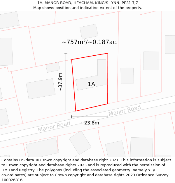 1A, MANOR ROAD, HEACHAM, KING'S LYNN, PE31 7JZ: Plot and title map