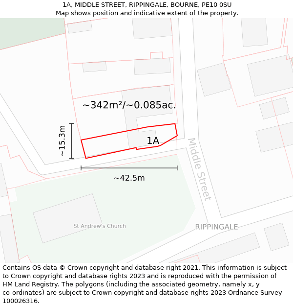 1A, MIDDLE STREET, RIPPINGALE, BOURNE, PE10 0SU: Plot and title map