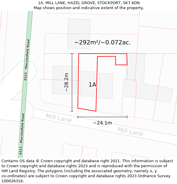 1A, MILL LANE, HAZEL GROVE, STOCKPORT, SK7 6DN: Plot and title map