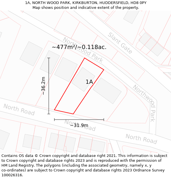 1A, NORTH WOOD PARK, KIRKBURTON, HUDDERSFIELD, HD8 0PY: Plot and title map