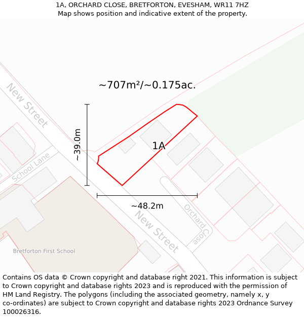 1A, ORCHARD CLOSE, BRETFORTON, EVESHAM, WR11 7HZ: Plot and title map