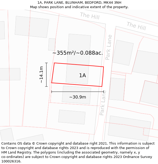 1A, PARK LANE, BLUNHAM, BEDFORD, MK44 3NH: Plot and title map