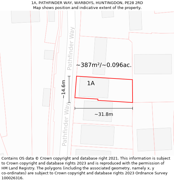 1A, PATHFINDER WAY, WARBOYS, HUNTINGDON, PE28 2RD: Plot and title map