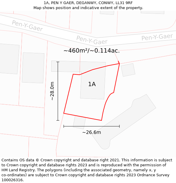 1A, PEN Y GAER, DEGANWY, CONWY, LL31 9RF: Plot and title map