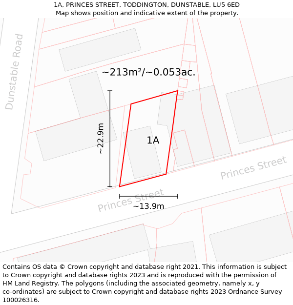 1A, PRINCES STREET, TODDINGTON, DUNSTABLE, LU5 6ED: Plot and title map